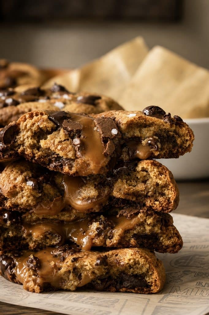 crisp golden edges, a soft and gooey center, pools of melted chocolate, and a hidden salted caramel surprise inside