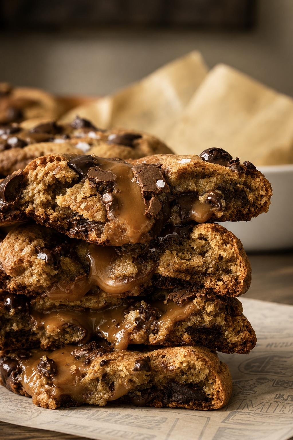 crisp golden edges, a soft and gooey center, pools of melted chocolate, and a hidden salted caramel surprise inside