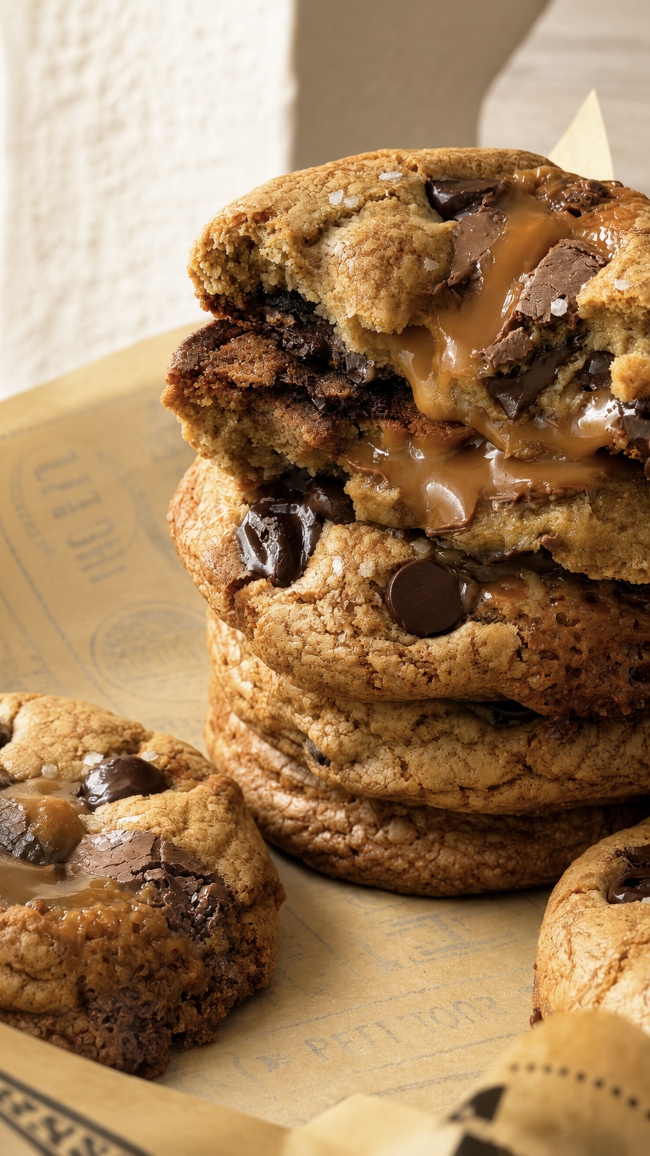 crisp golden edges, a soft and gooey center, pools of melted chocolate, and a hidden salted caramel surprise inside