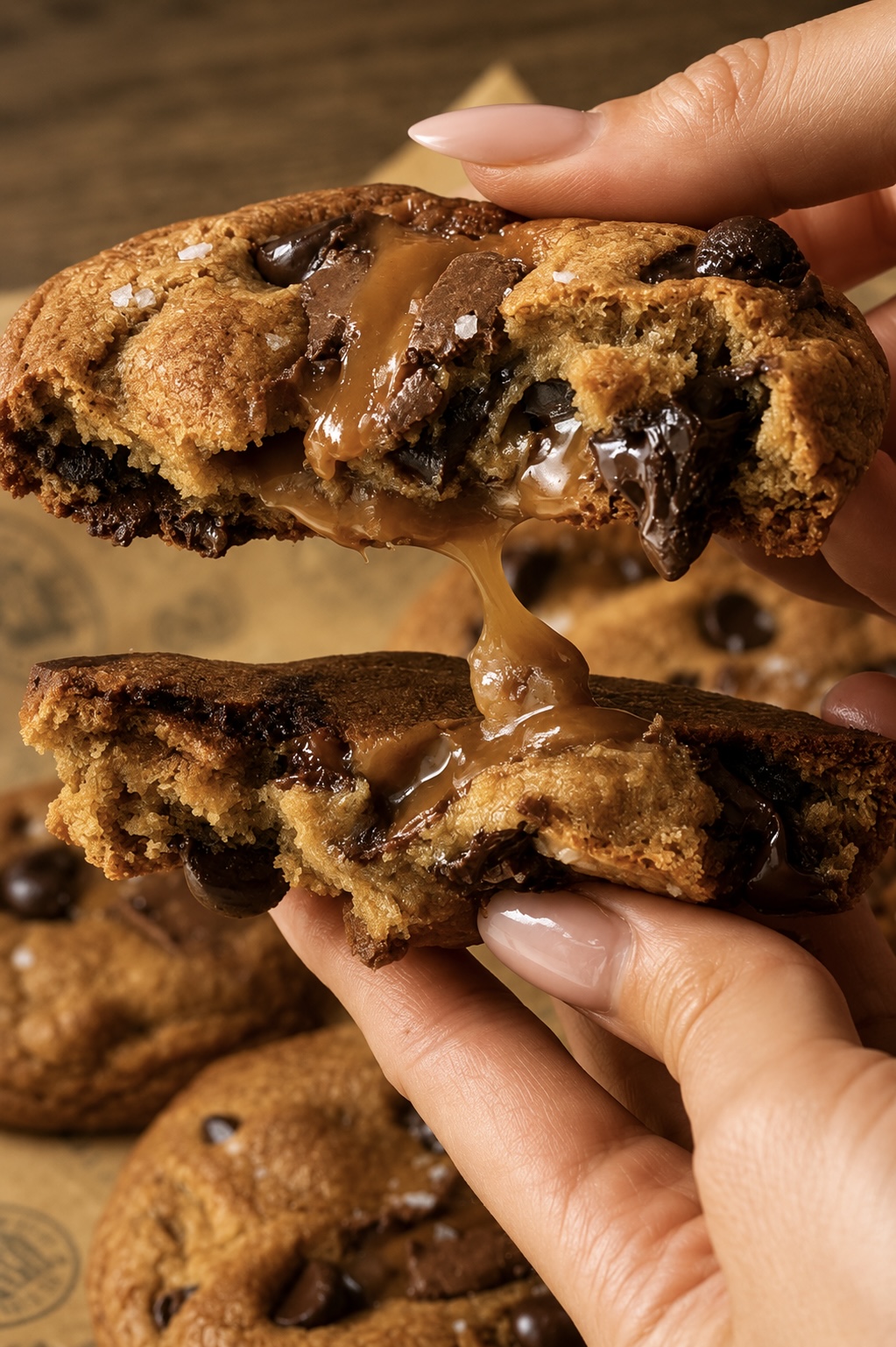 crisp golden edges, a soft and gooey center, pools of melted chocolate, and a hidden salted caramel surprise inside