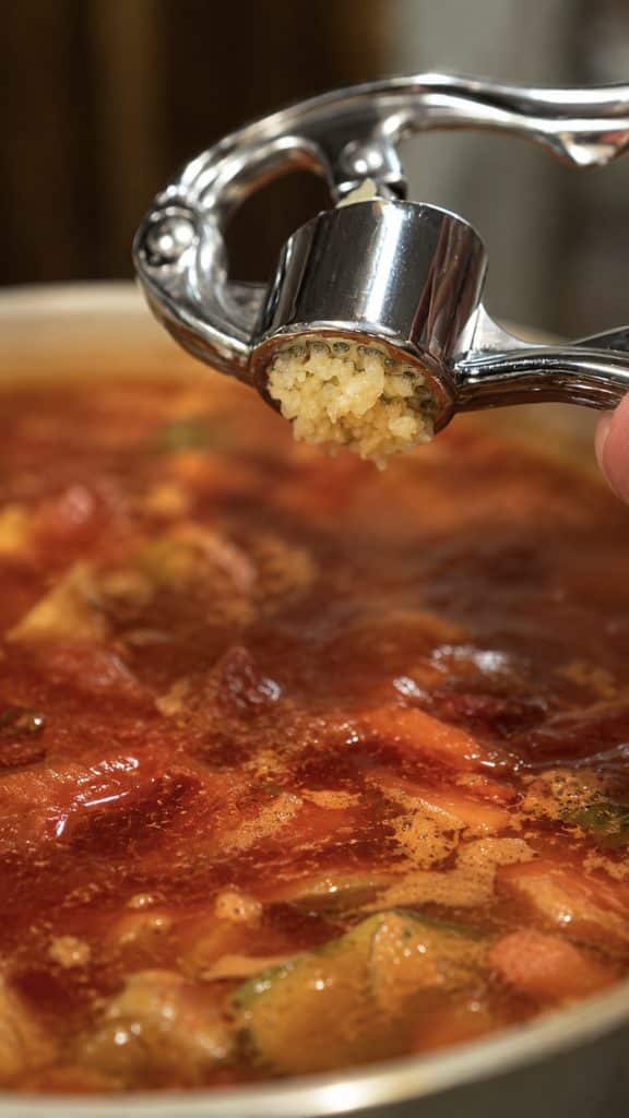 A bowl of authentic Eastern European pork borscht with tender pork,